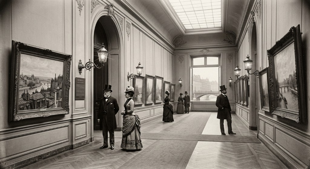 Salle d’exposition au Grand Palais, visiteurs devant les toiles